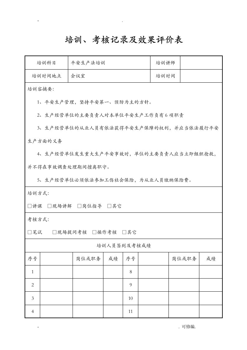 培训记录及效果评价表