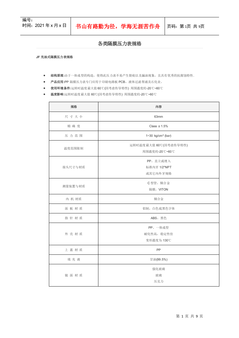 各类隔膜压力表规格