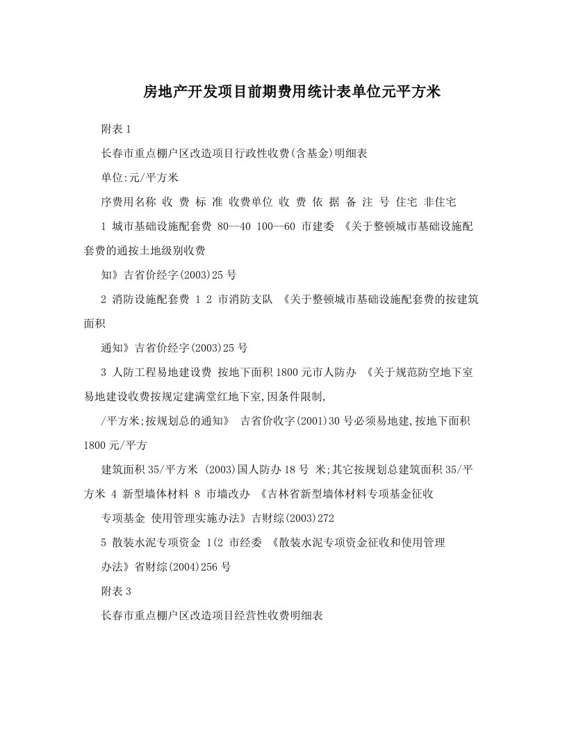 房地产开发项目前期费用统计表单位元平方米