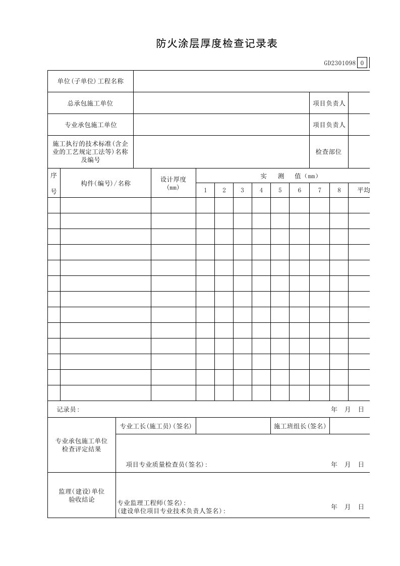 防火涂层厚度检查记录表GD