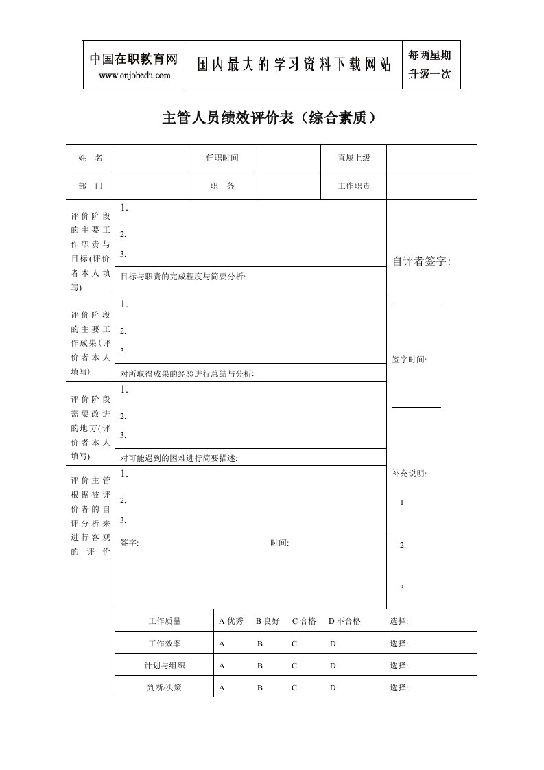 主管人员绩效评价表综合素质