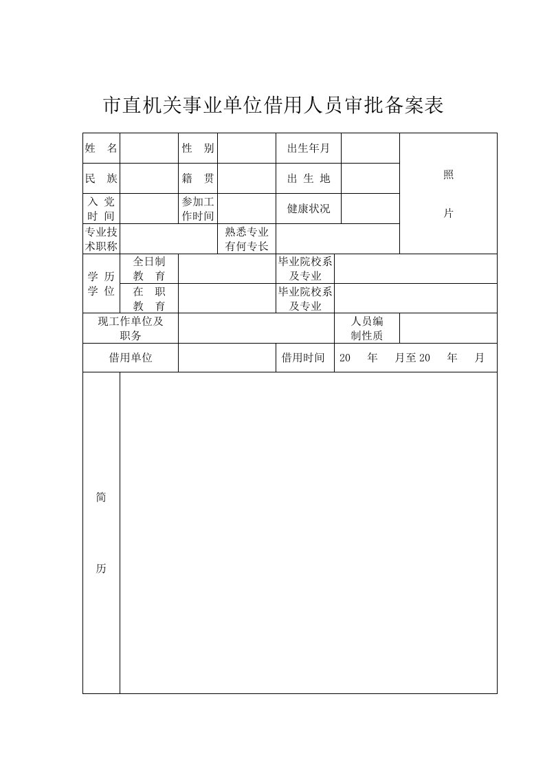 直机关事业单位借用人员审批备案表