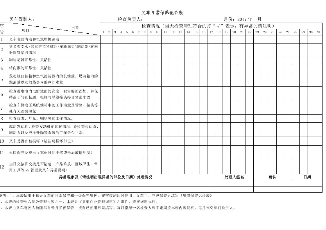 叉车日常保养记录表