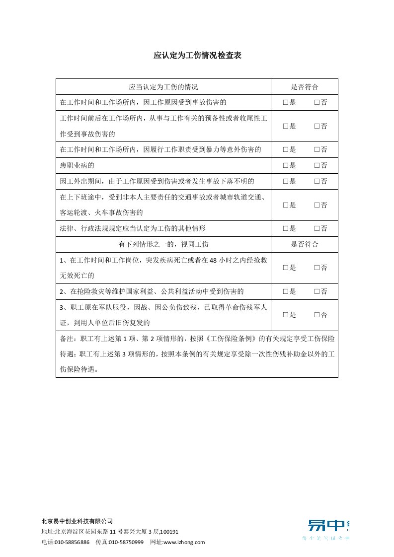 应认定为工伤情况检查表