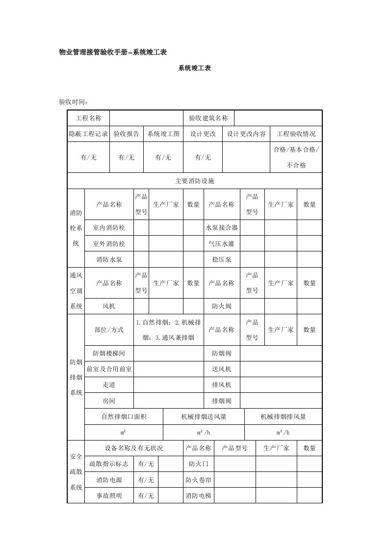 物业管理接管验收手册--系统竣工表