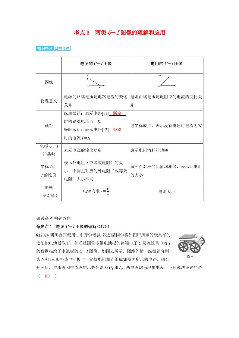 备考2024届高考物理一轮复习讲义第十章恒定电流第2讲闭合电路的欧姆定律考点3两类U－I图像的理解和应用