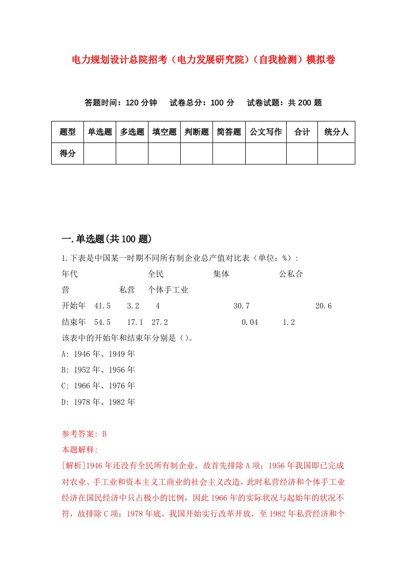 电力规划设计总院招考电力发展研究院自我检测模拟卷第9卷