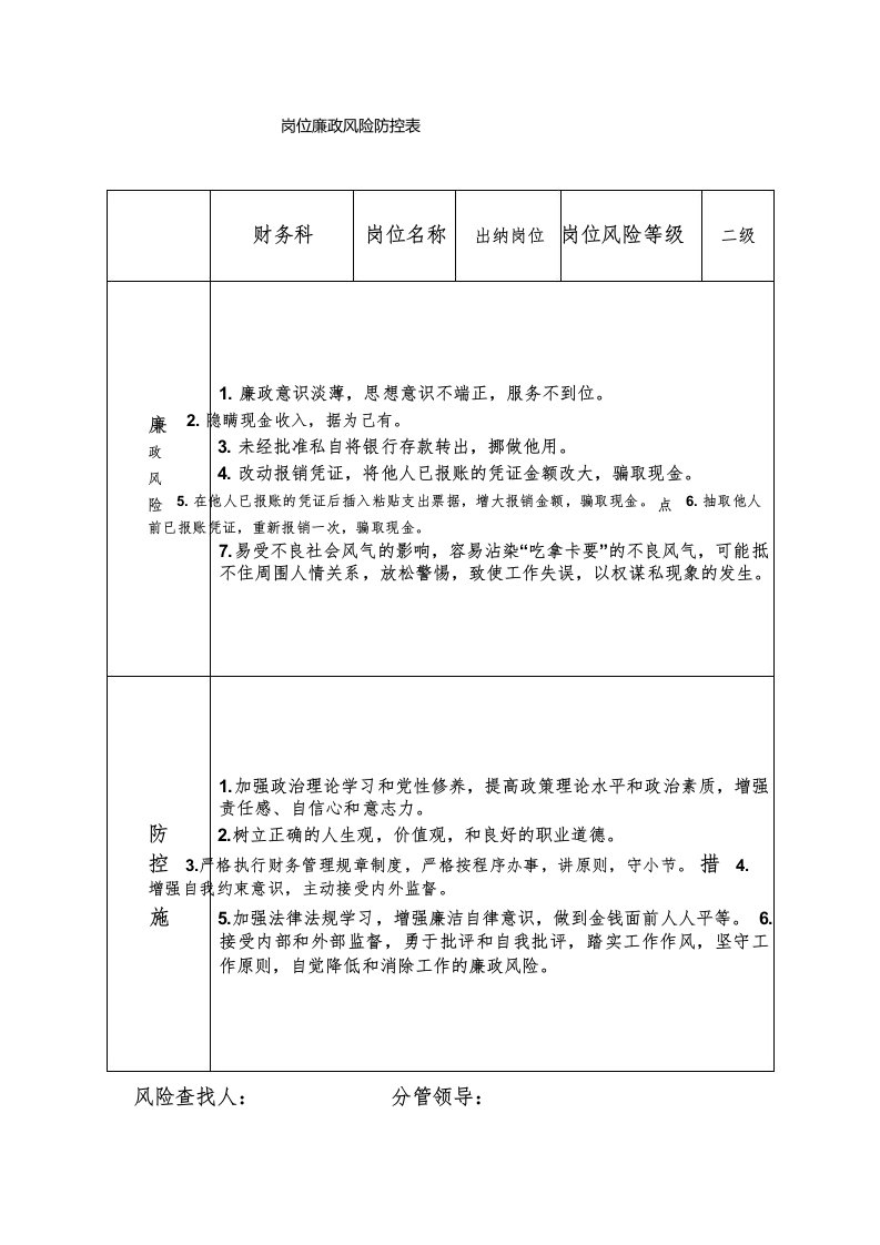 出纳廉政风险防控表