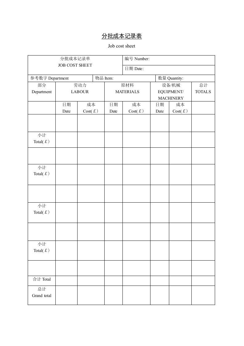 分批成本记录表