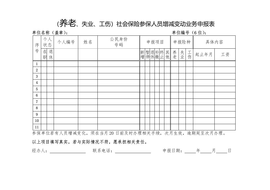 (养老、失业、工伤)社会保险参保人员增减变动业务申报表