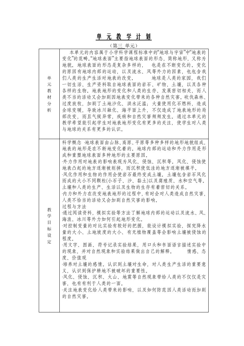 五年级科学上册单元教学计划、教学设计表格式