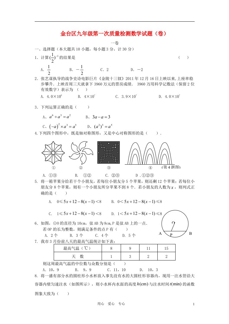 陕西省宝鸡市金台区2012届九年级数学第一次教学质量检测试题新人教版