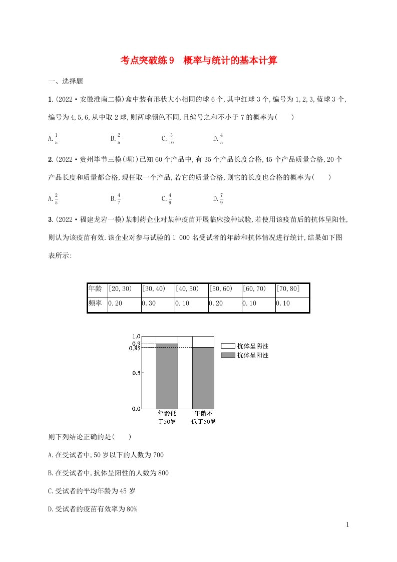 老高考新教材适用2023版高考数学二轮复习专题四概率与统计考点突破练9概率与统计的基本计算