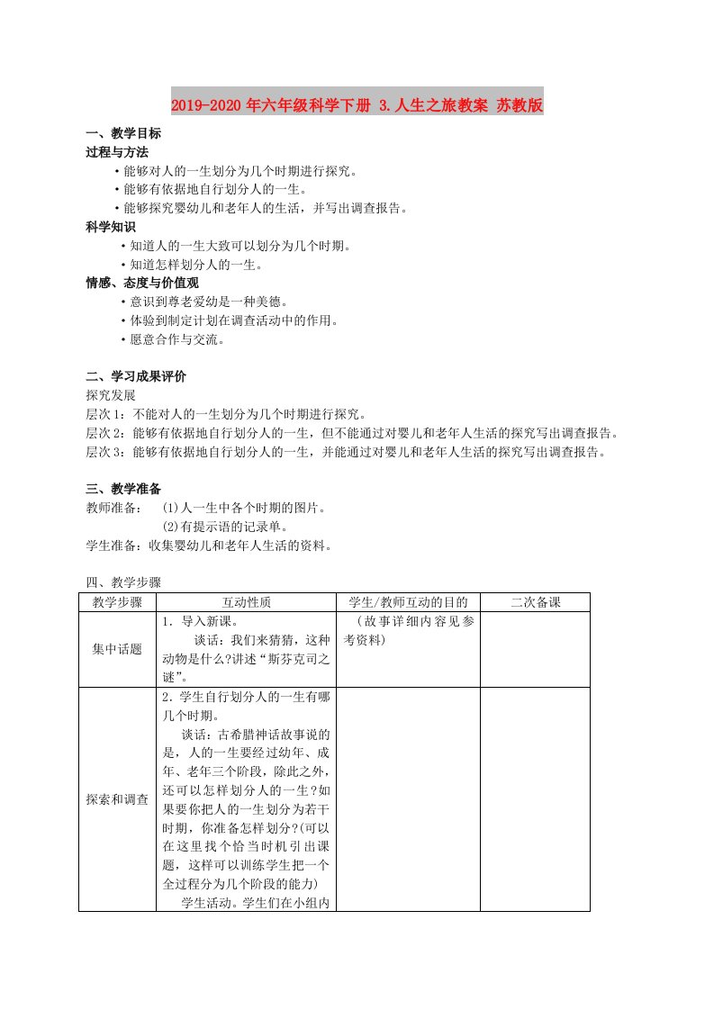 2019-2020年六年级科学下册