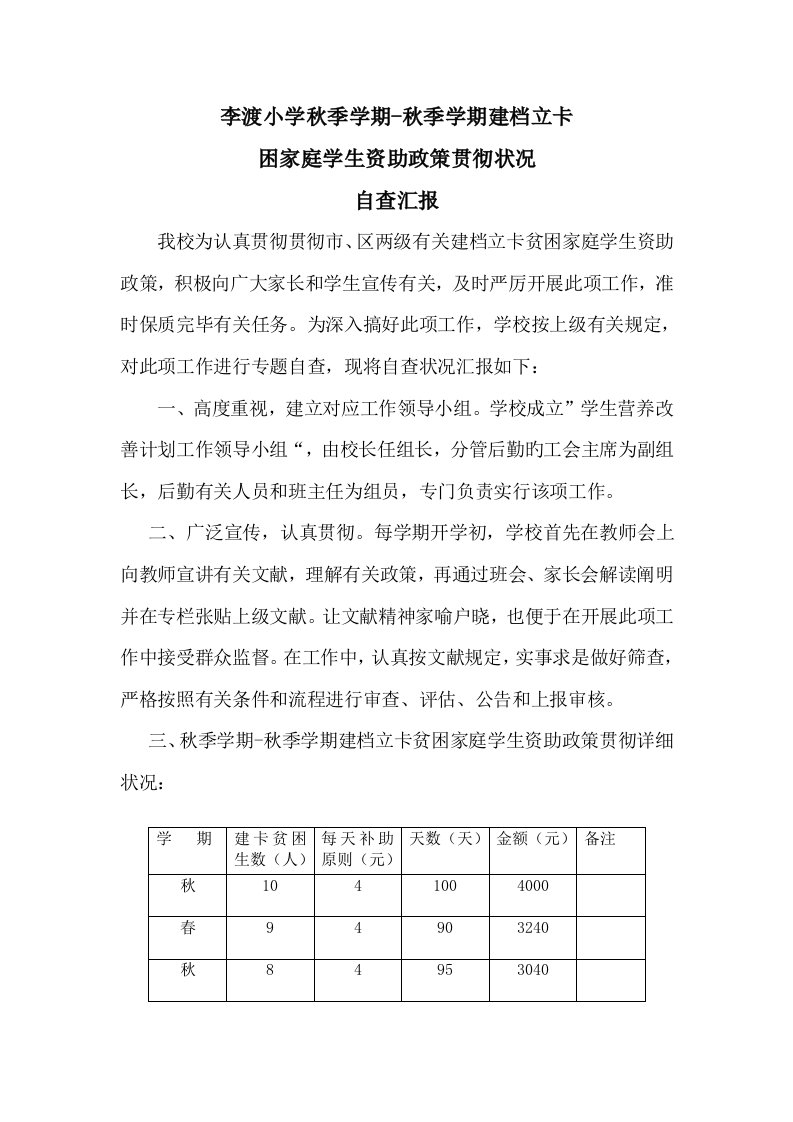 李渡小学秋秋建卡贫困家庭学生资助自查报告