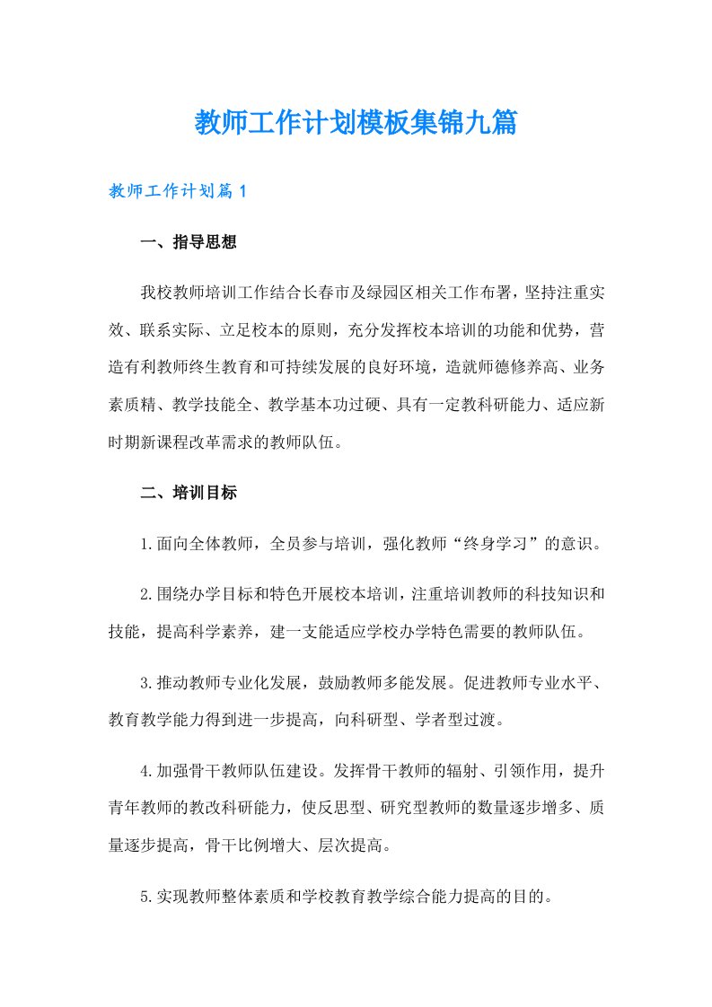 教师工作计划模板集锦九篇