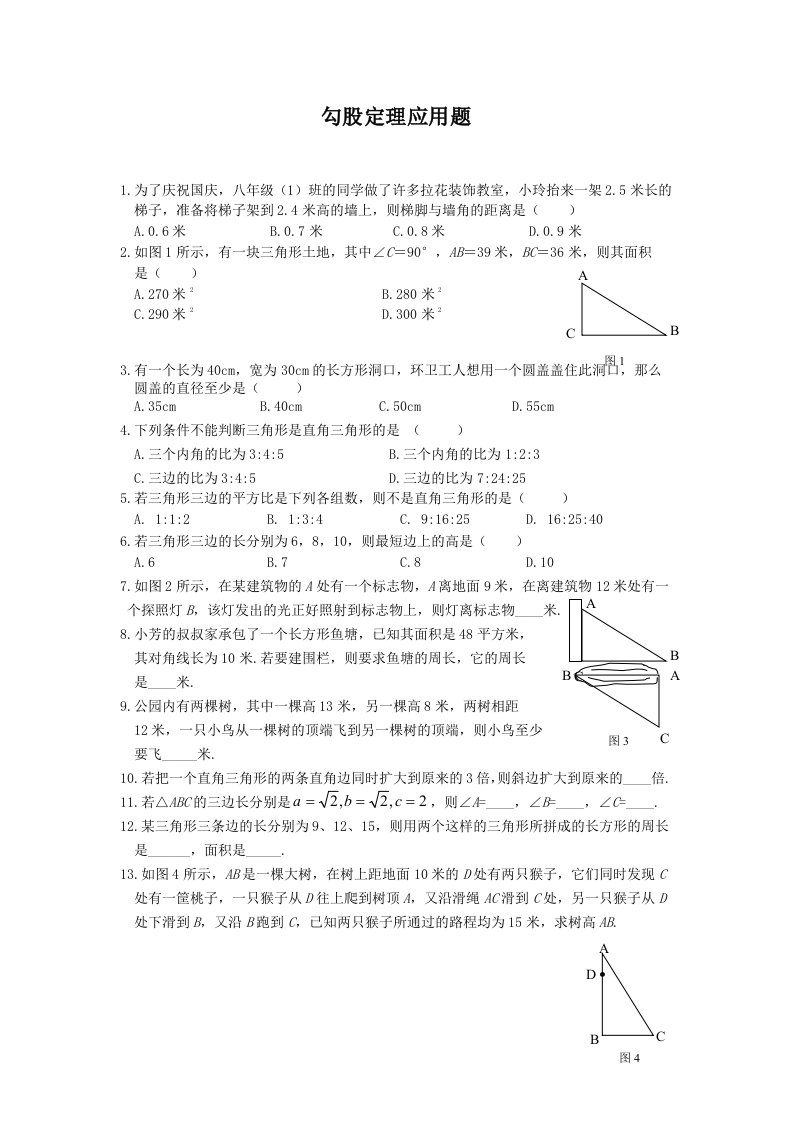 勾股定理应用题专项练习经典