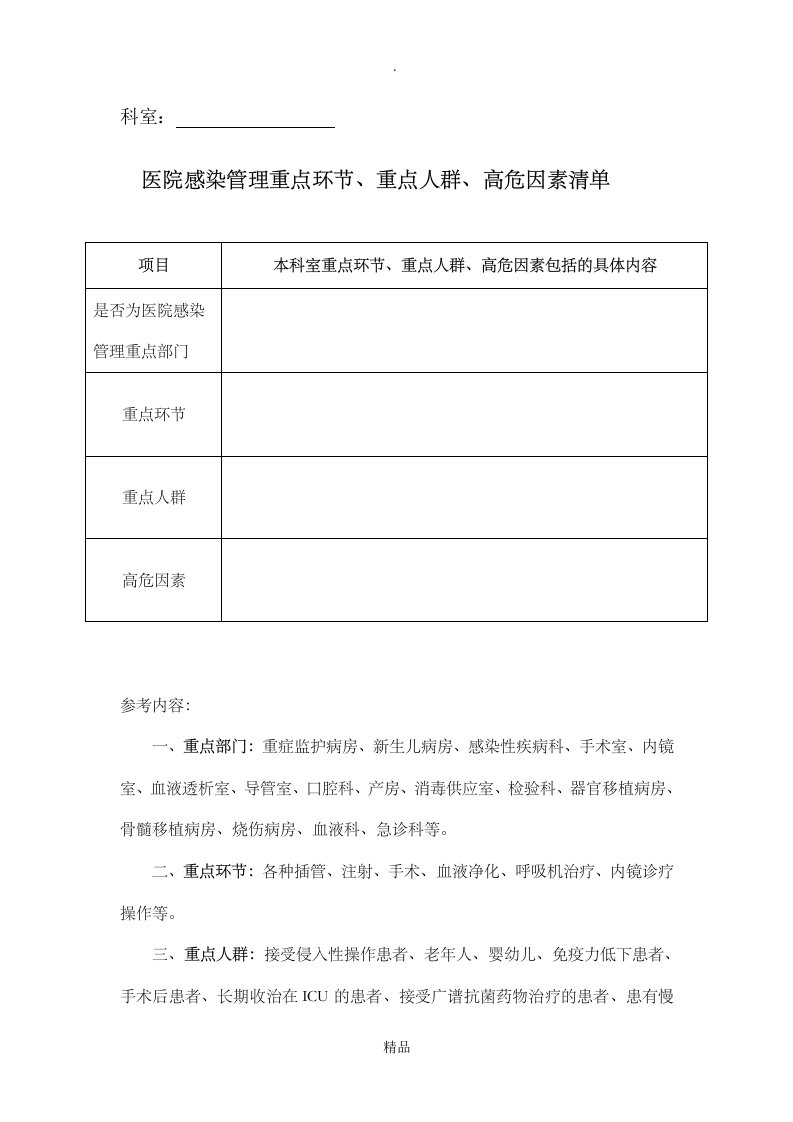 医院感染管理重点环节、重点人群、高危因素清单