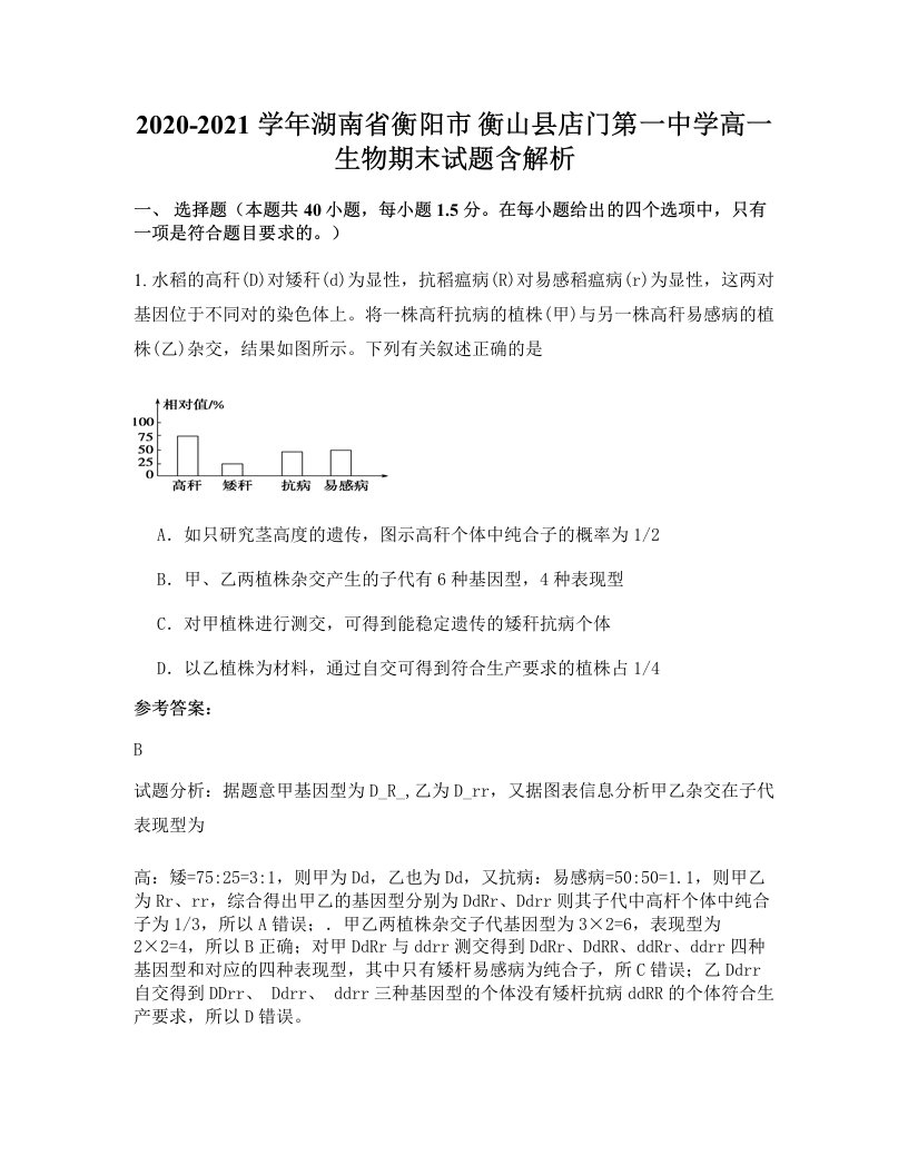 2020-2021学年湖南省衡阳市衡山县店门第一中学高一生物期末试题含解析