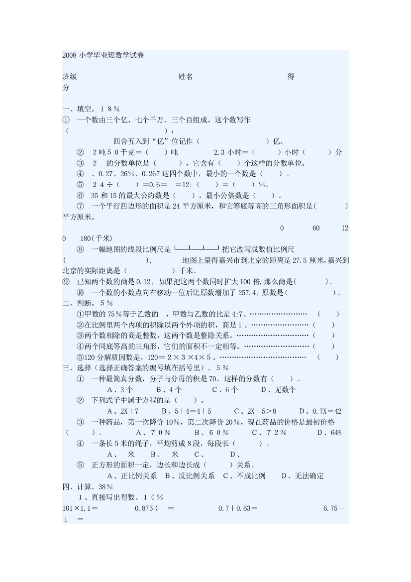 【小学中学教育精选】2008毕业班数学试卷1