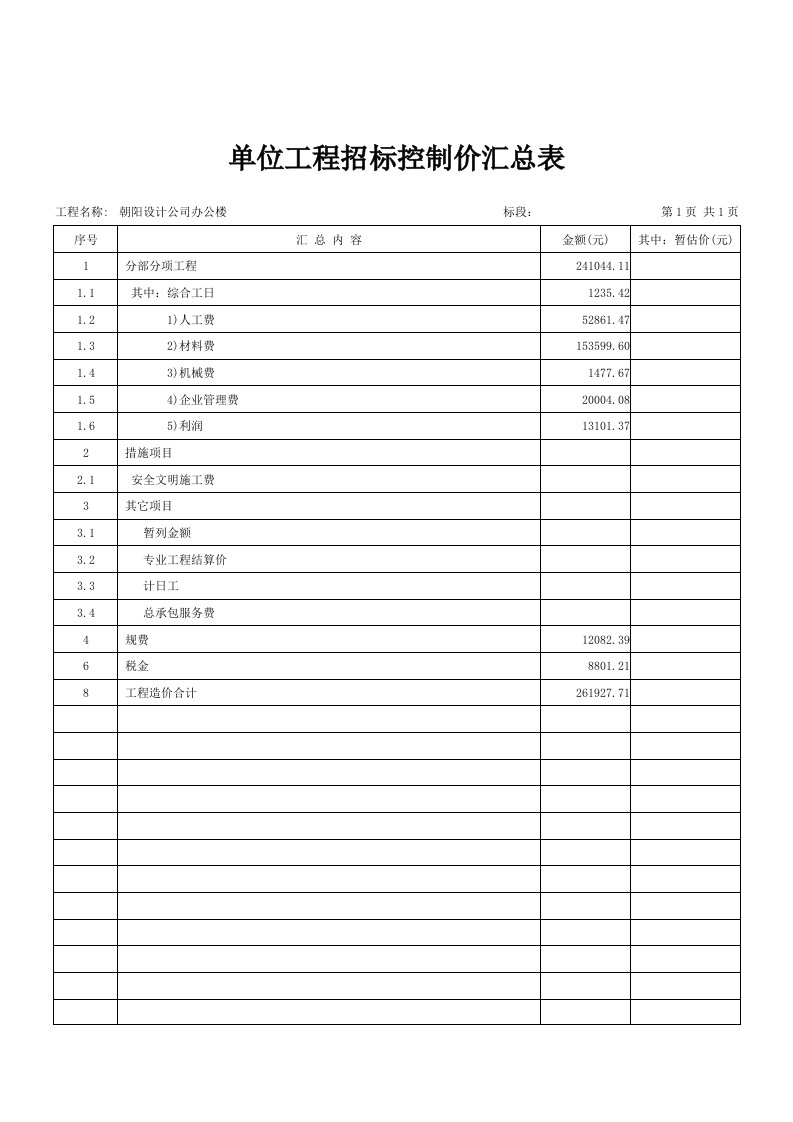 朝阳设计公司办公楼单位工程招标控制价汇总表