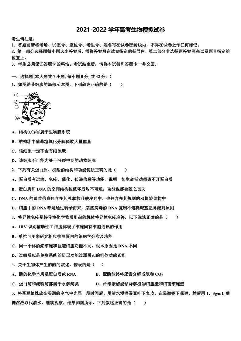 湘赣粤名校2022年高三压轴卷生物试卷含解析