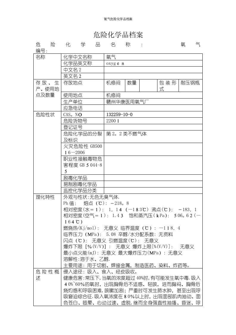 氧气危险化学品档案