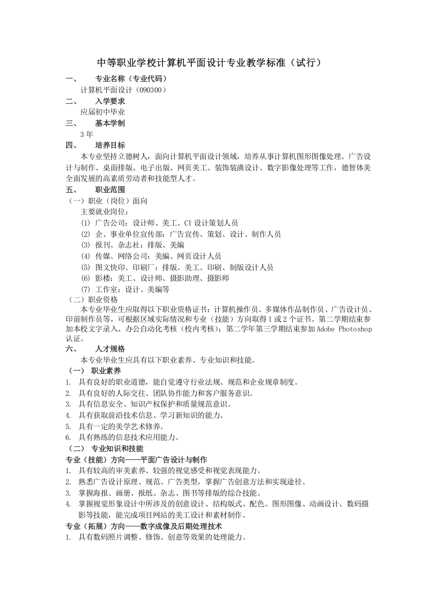 2021-2022年收藏的精品资料中等职业学校计算机平面设计专业教学标准