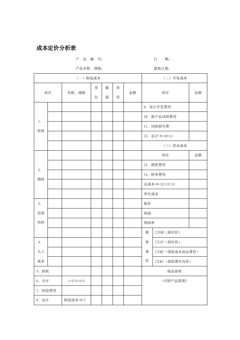 成本定价分析表