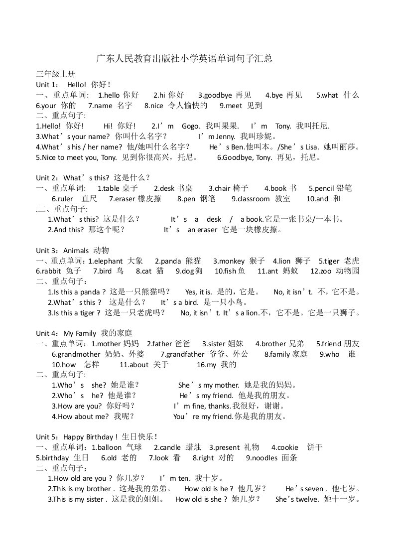 广东人民教育出版社小学英语单词句子汇总