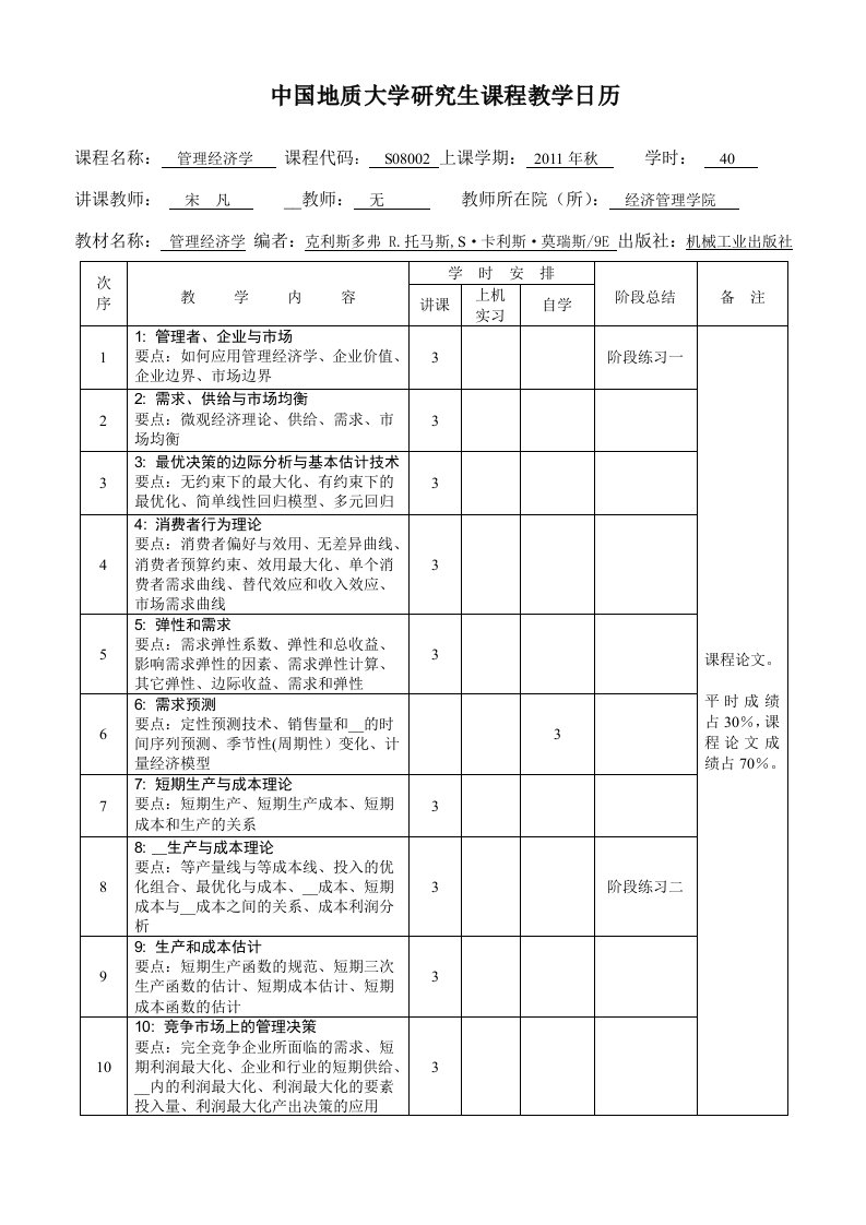 [管理学]ME管理经济学教学日历