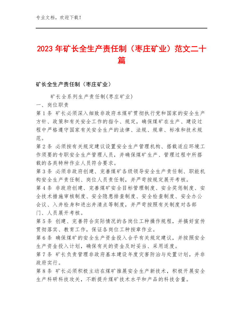 2023年矿长全生产责任制（枣庄矿业）范文二十篇