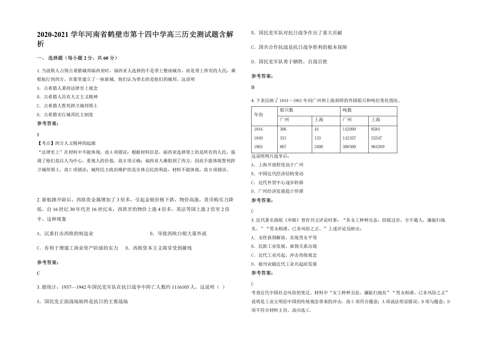 2020-2021学年河南省鹤壁市第十四中学高三历史测试题含解析