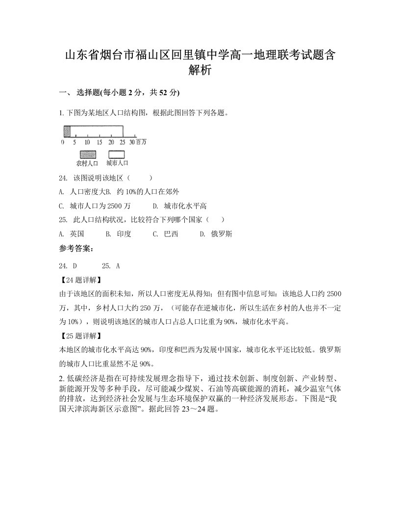 山东省烟台市福山区回里镇中学高一地理联考试题含解析