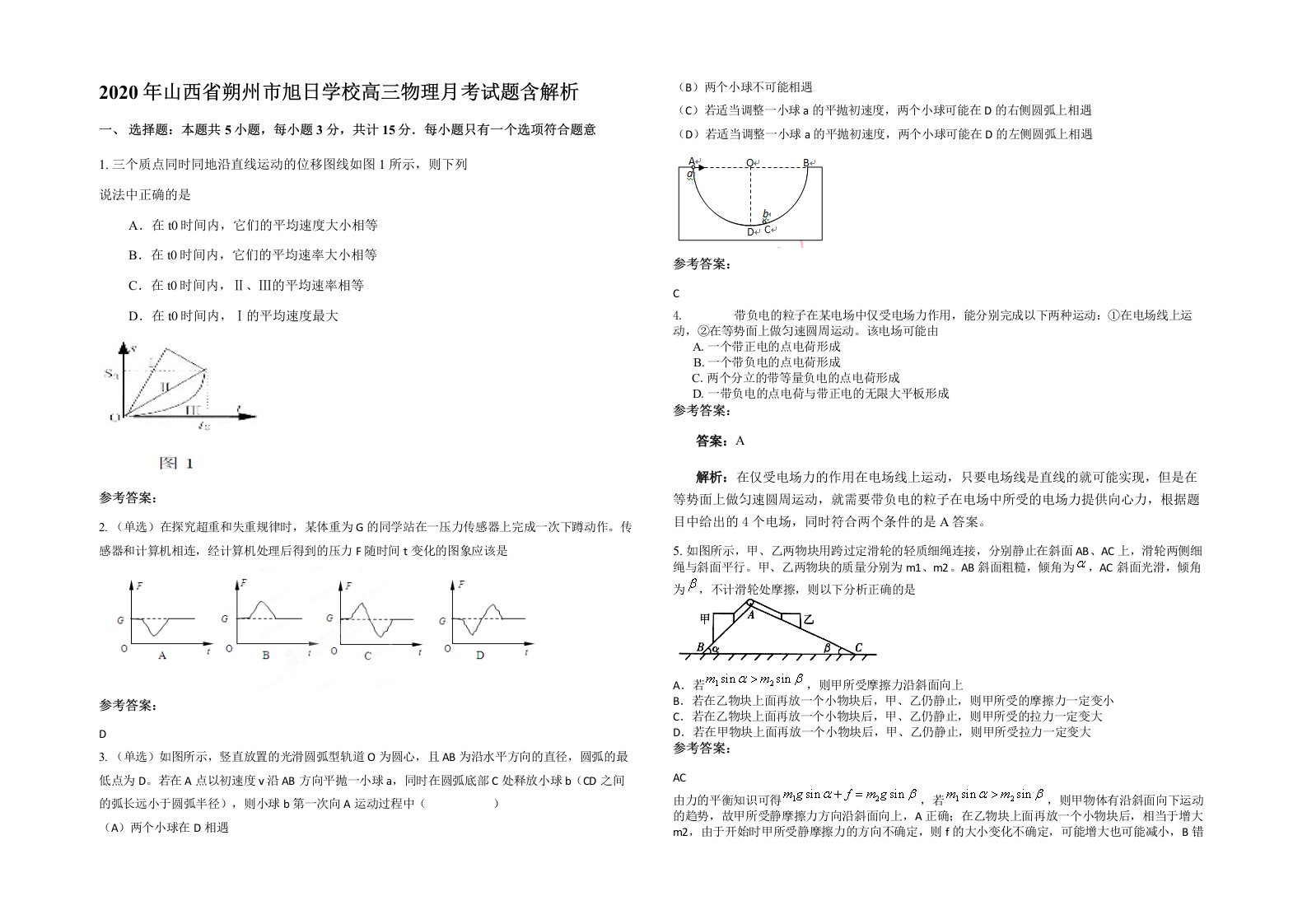 2020年山西省朔州市旭日学校高三物理月考试题含解析