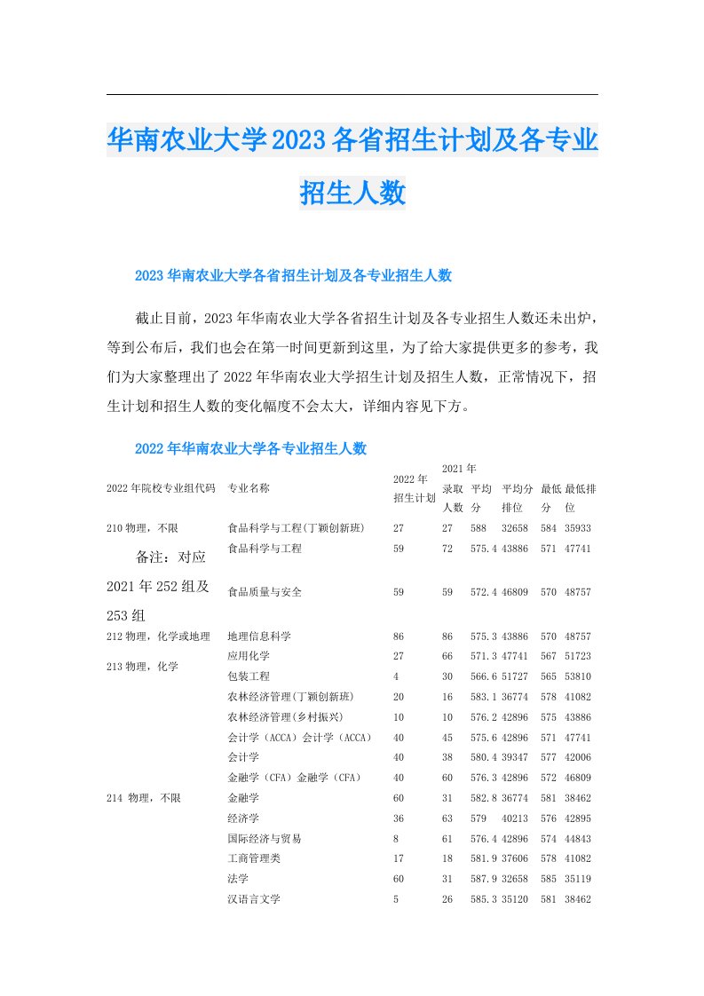 华南农业大学各省招生计划及各专业招生人数