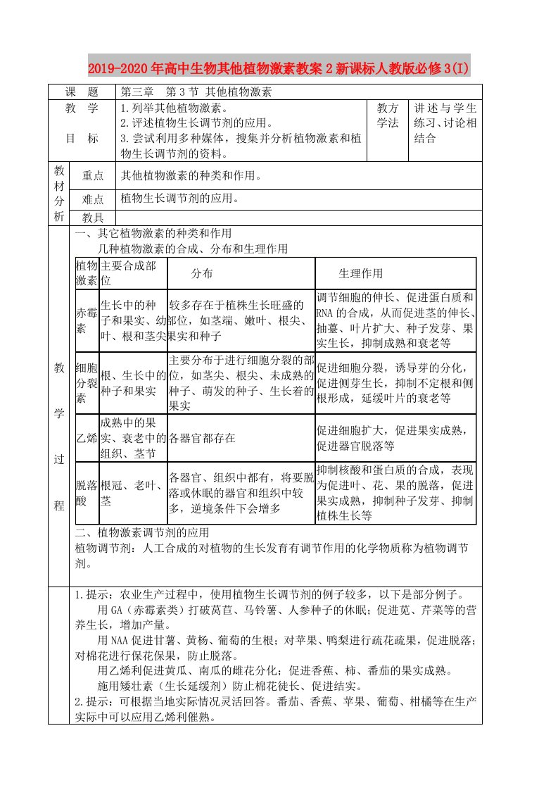 2019-2020年高中生物其他植物激素教案2新课标人教版必修3(I)