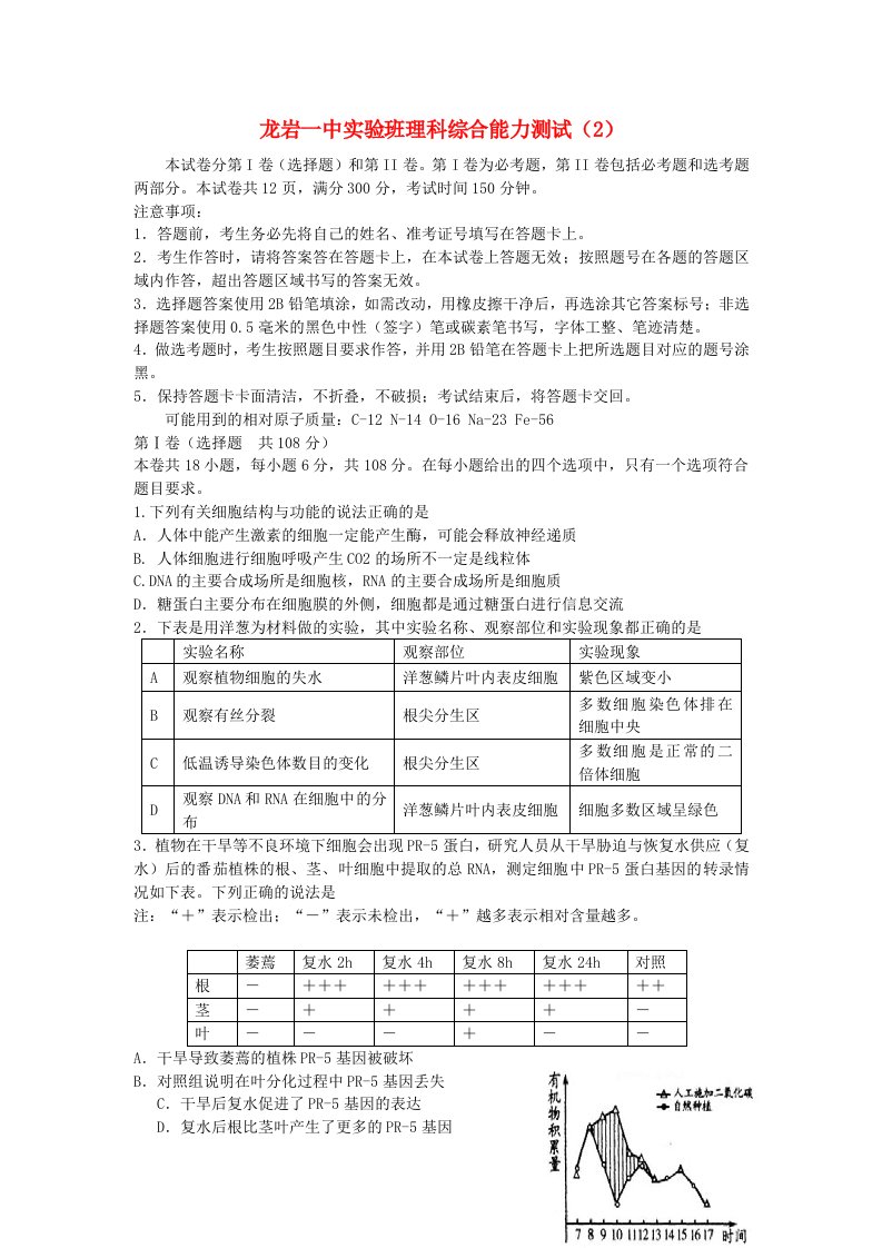 福建龙岩一中高三理科（生物部分）综合能力测试试题（实验班）新人教版