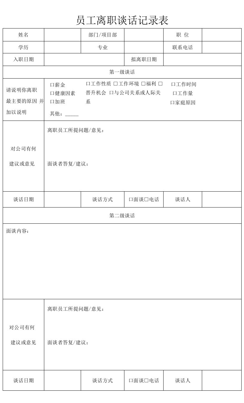 中建二局项目员工离职谈话记录表