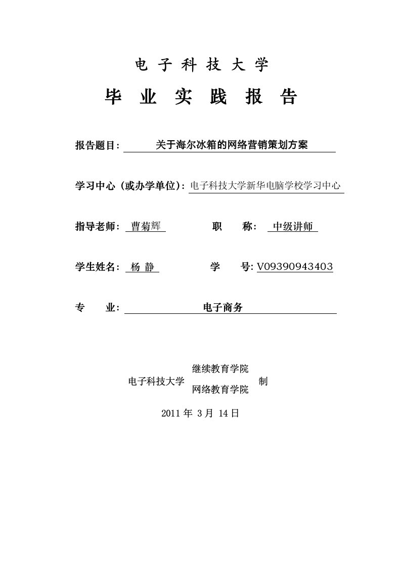 关于海尔冰箱的网络营销策划方案