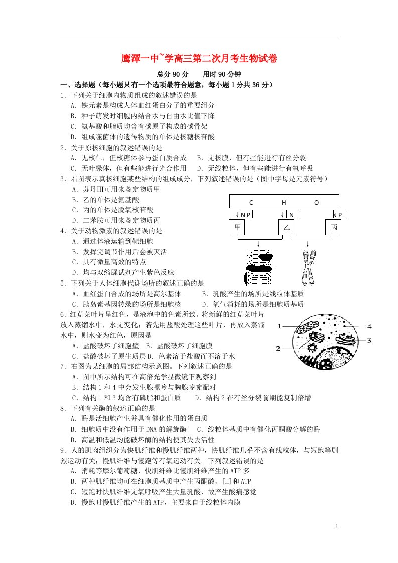 江西省鹰潭一中高三生物第二次月考试题新人教版