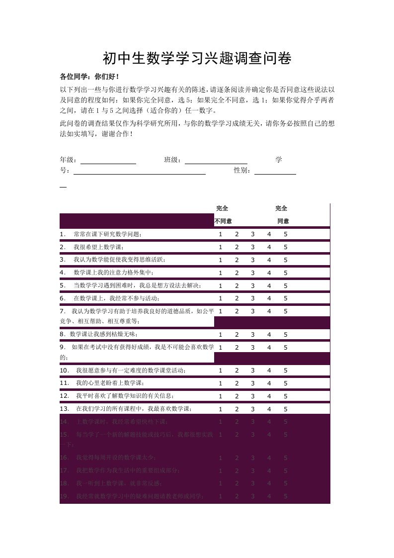 初中生数学学习兴趣调查问卷