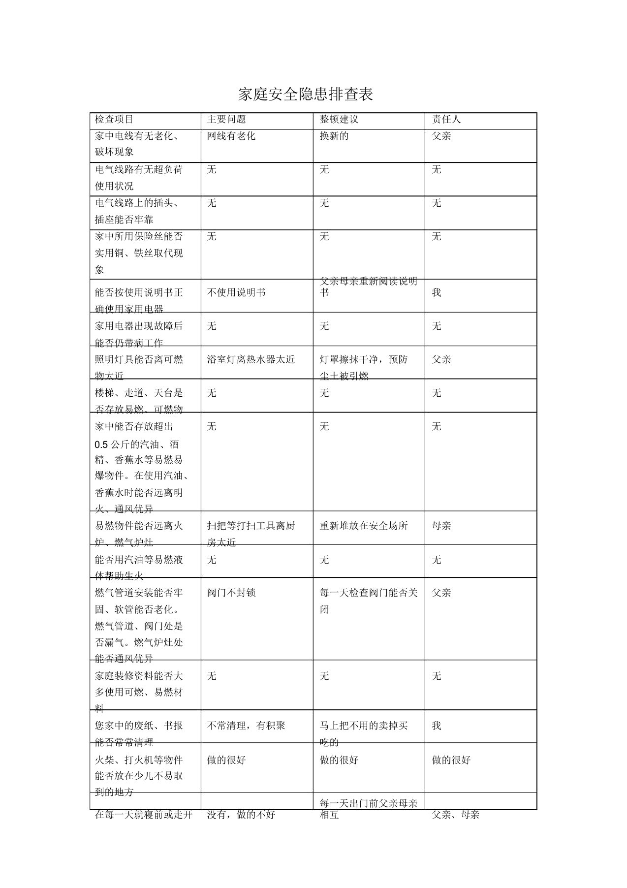 家庭安全排查表