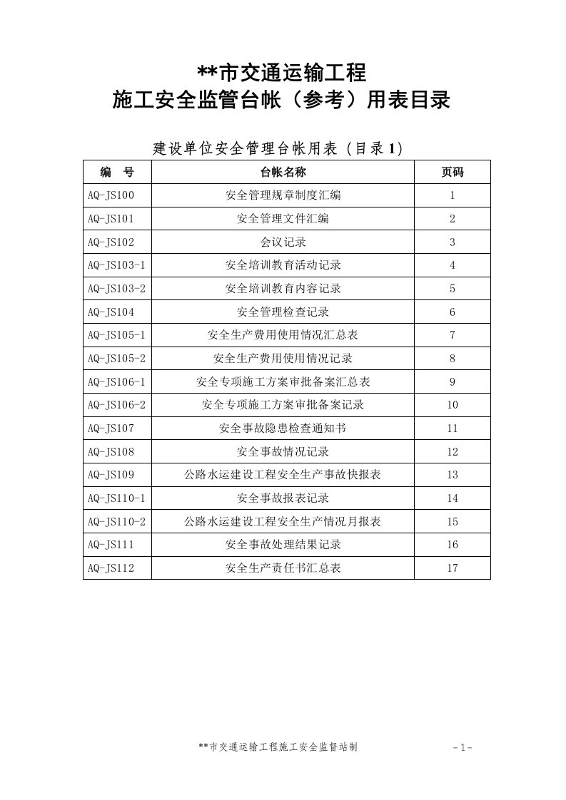 交通运输工程施工安全监管台帐用表