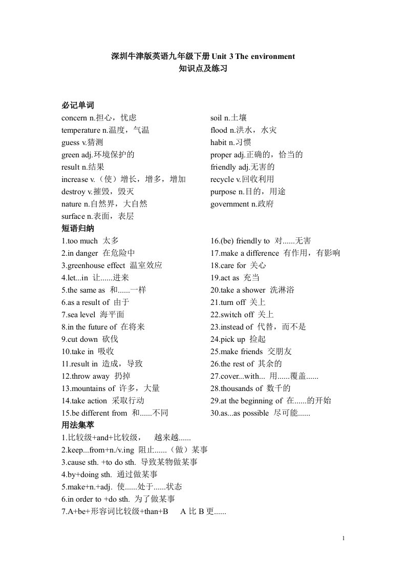 2015-2016深圳牛津版初中英语九年级下册Unit3知识点语法精讲精练【全套3】