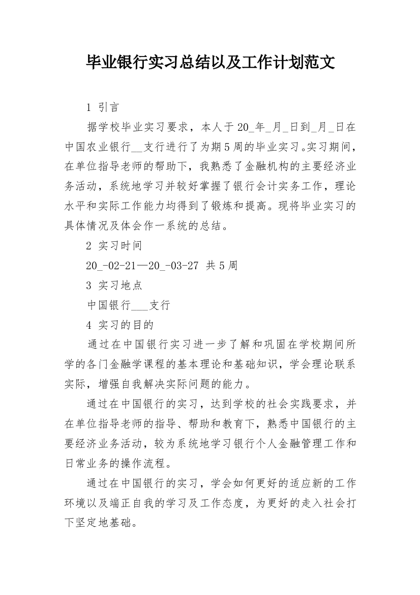 毕业银行实习总结以及工作计划范文