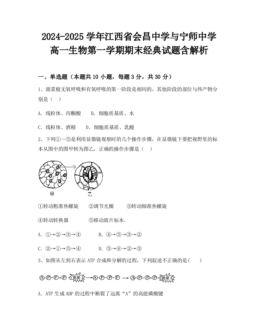 2024-2025学年江西省会昌中学与宁师中学高一生物第一学期期末经典试题含解析