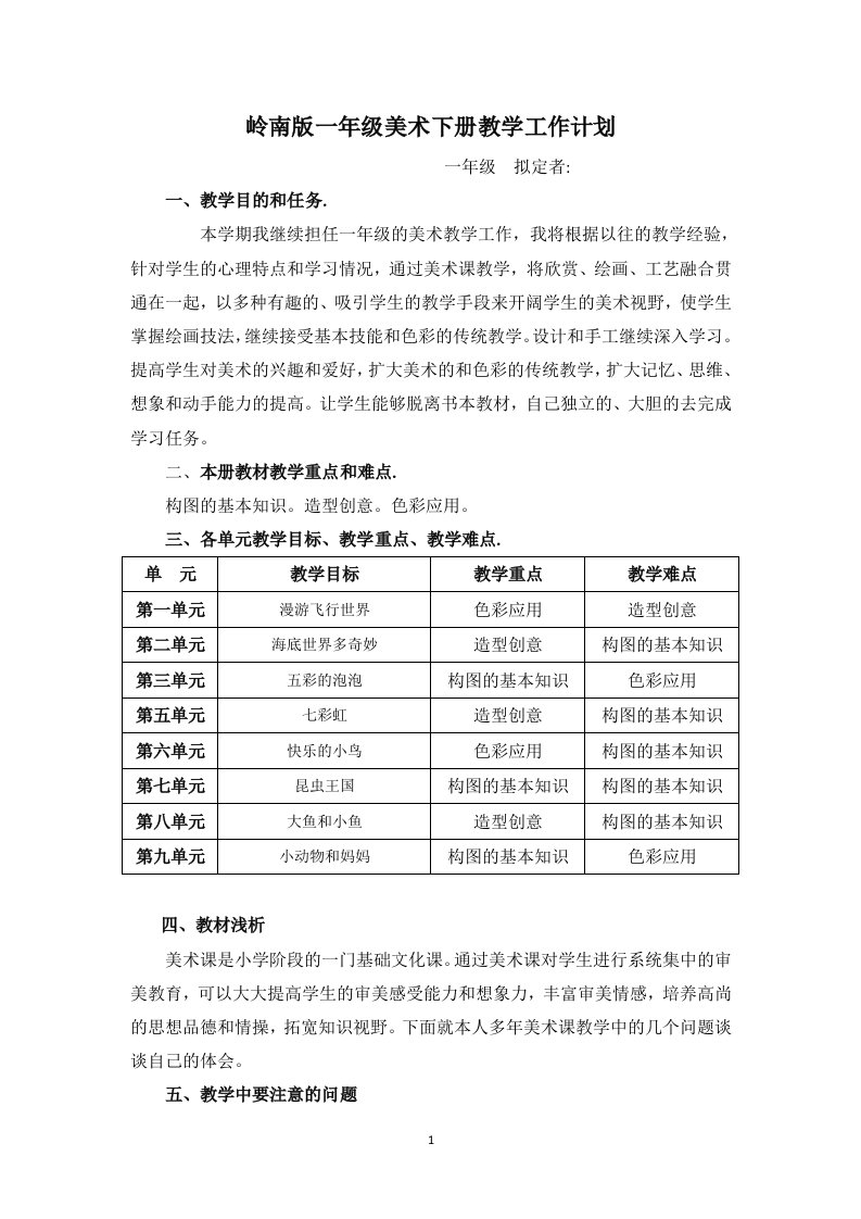 岭南版一年级美术下册教学工作计划