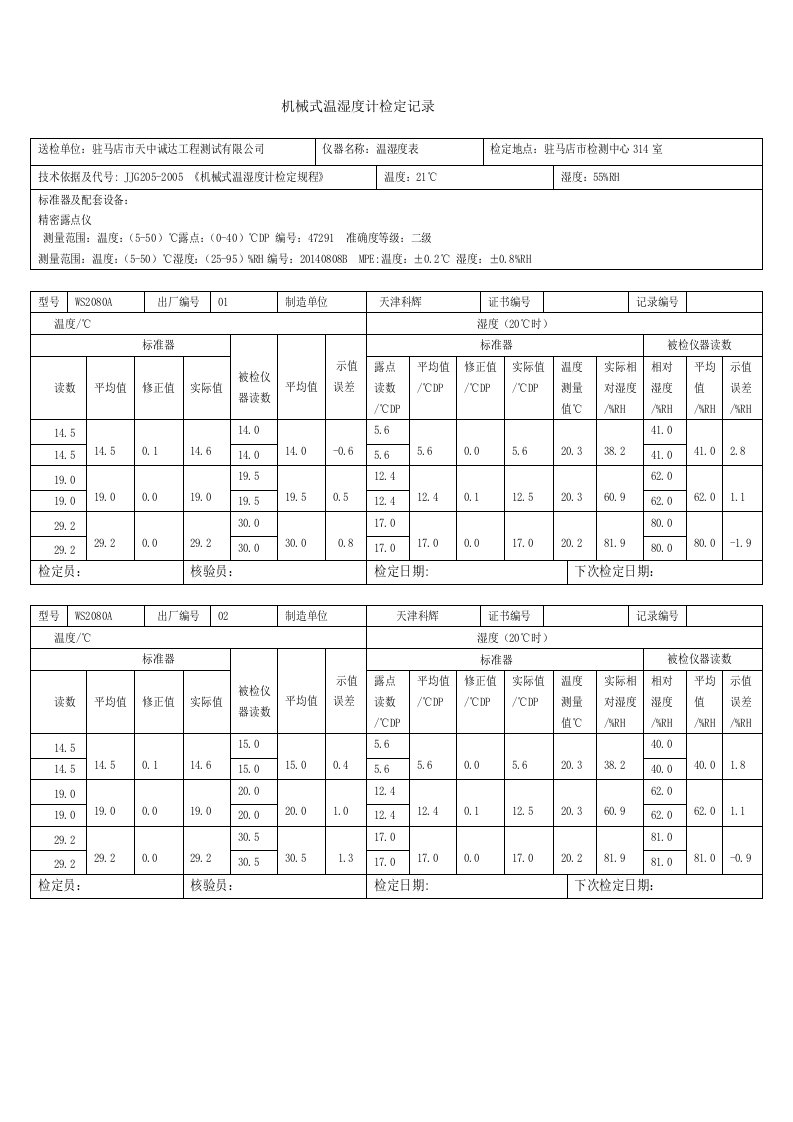 机械式温湿度计检定记录