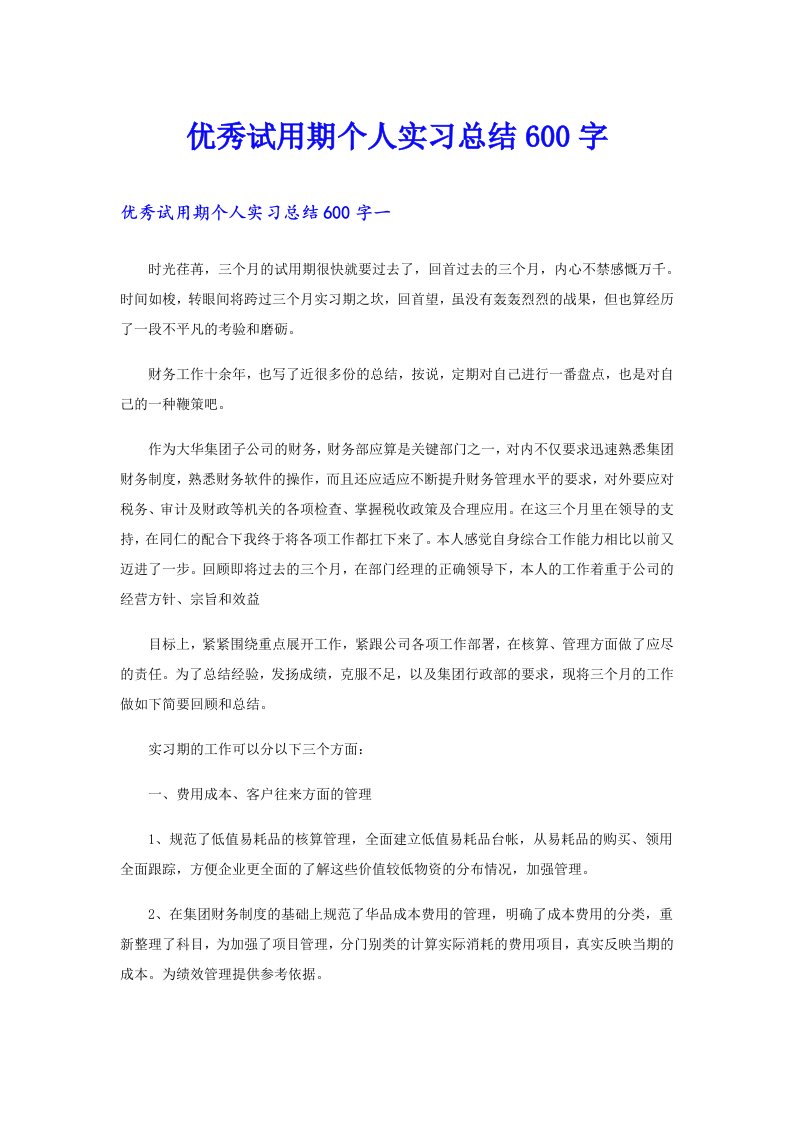 优秀试用期个人实习总结600字